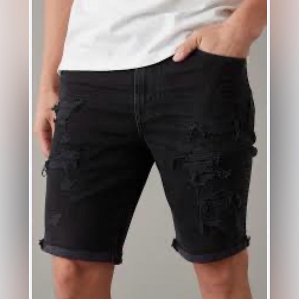 American Eagle Airflex Black Distressed Denim Shorts